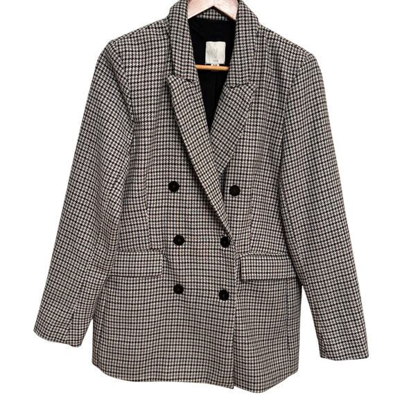 Joie Houndstooth Double Breasted Wool Blend Blazer Medium Checkered Jacket - Picture 1 of 14